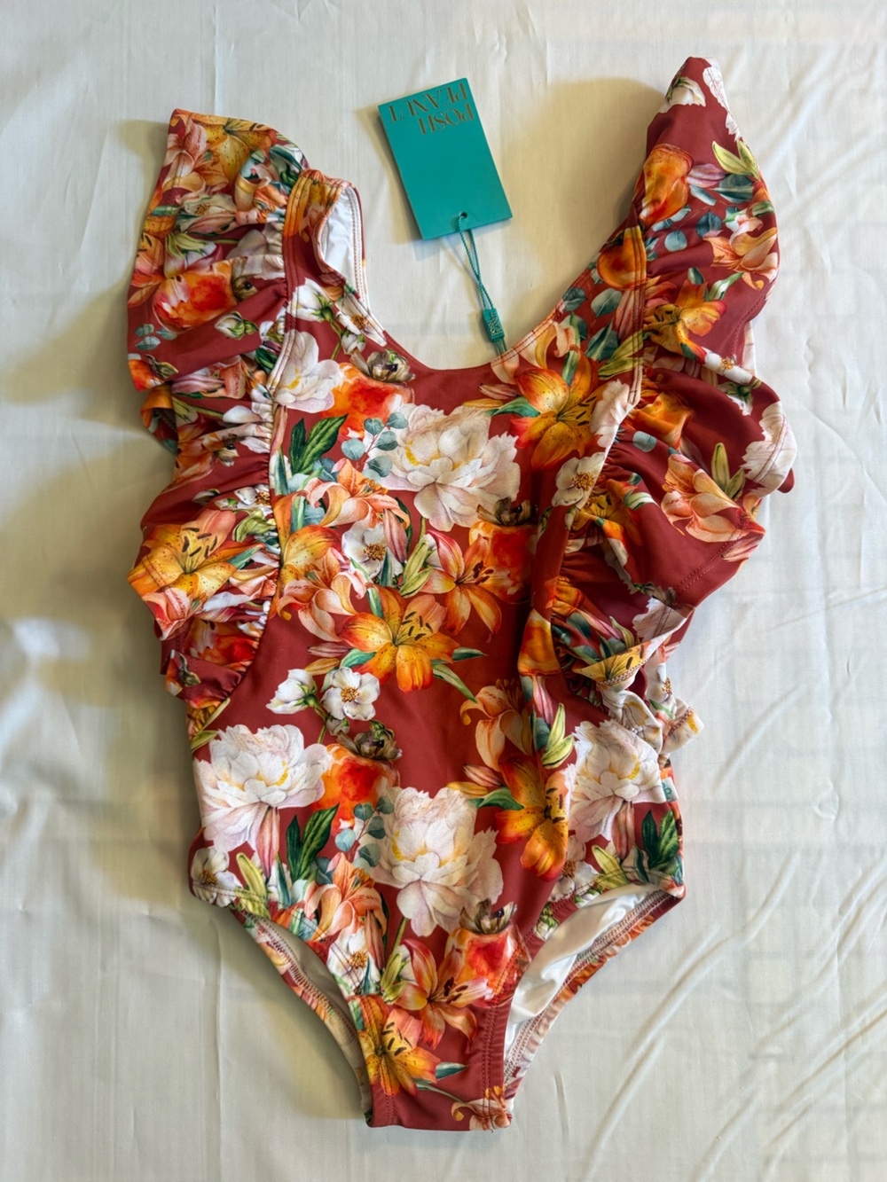 Posh Peanut Floral Ruffle One-Piece - Rust, Yellow & White